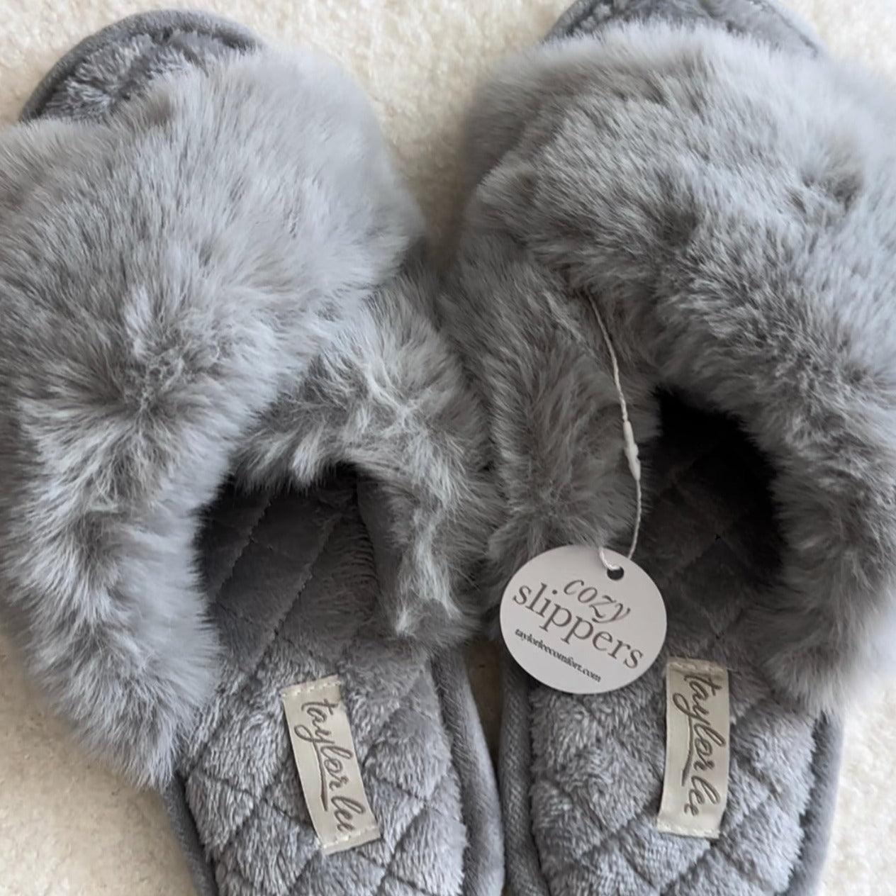 Gray Faux Fur Plush Slippers