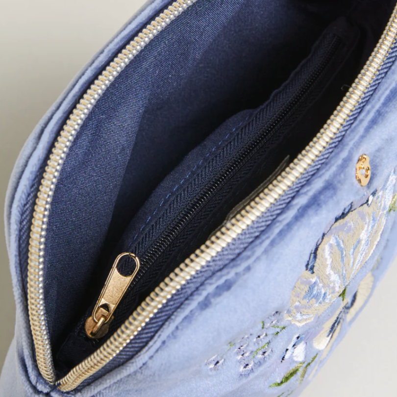 Embroidered Velvet Cosmetic Bag Blue