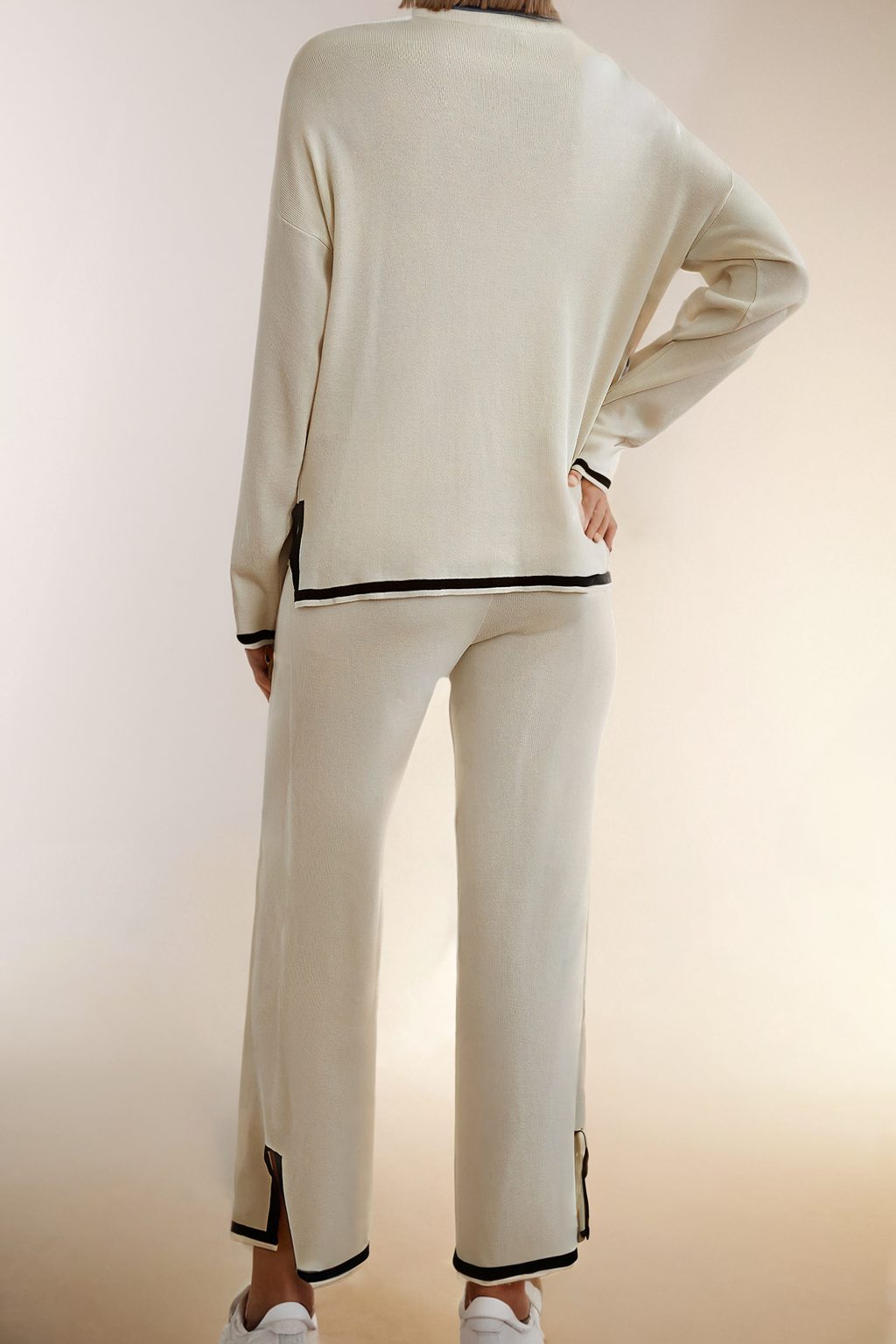 Contrast Trim Split Long Sleeve Sweater Lounge Set