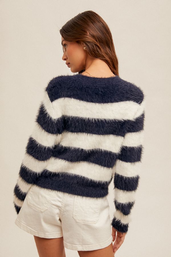 Navy & Ivory Eyelash Yarn Cardigan