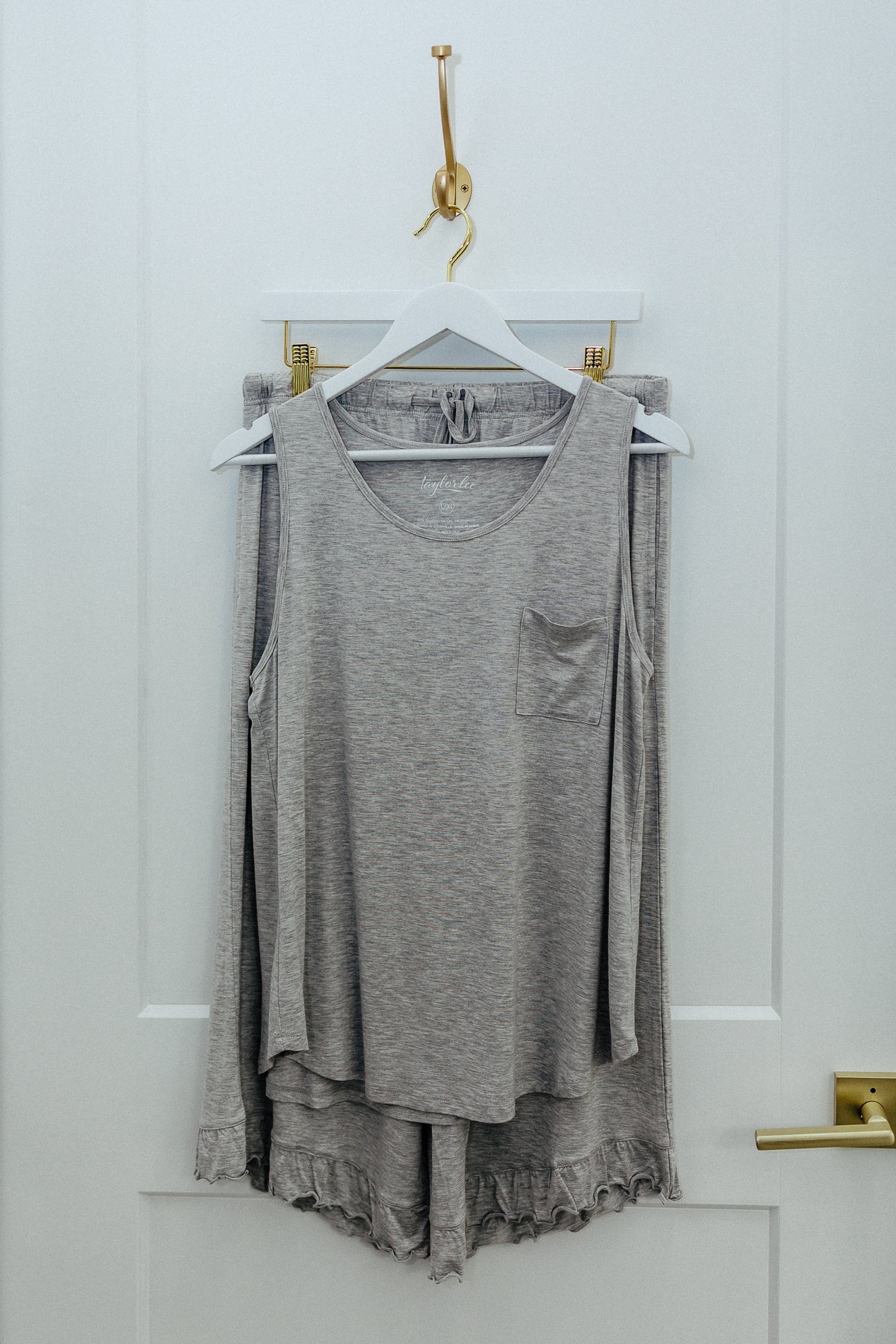 cozy soft and comfortable pajamas and loungewear clothing for women and gifts for sympathy bamboo fabric and sustainable good for planet gray with pretty ruffle detail and comfortable