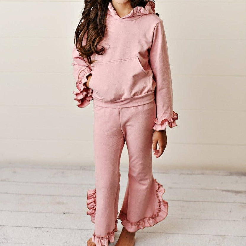 Kids Dusty Pink Hooded Ruffle Pocket Set