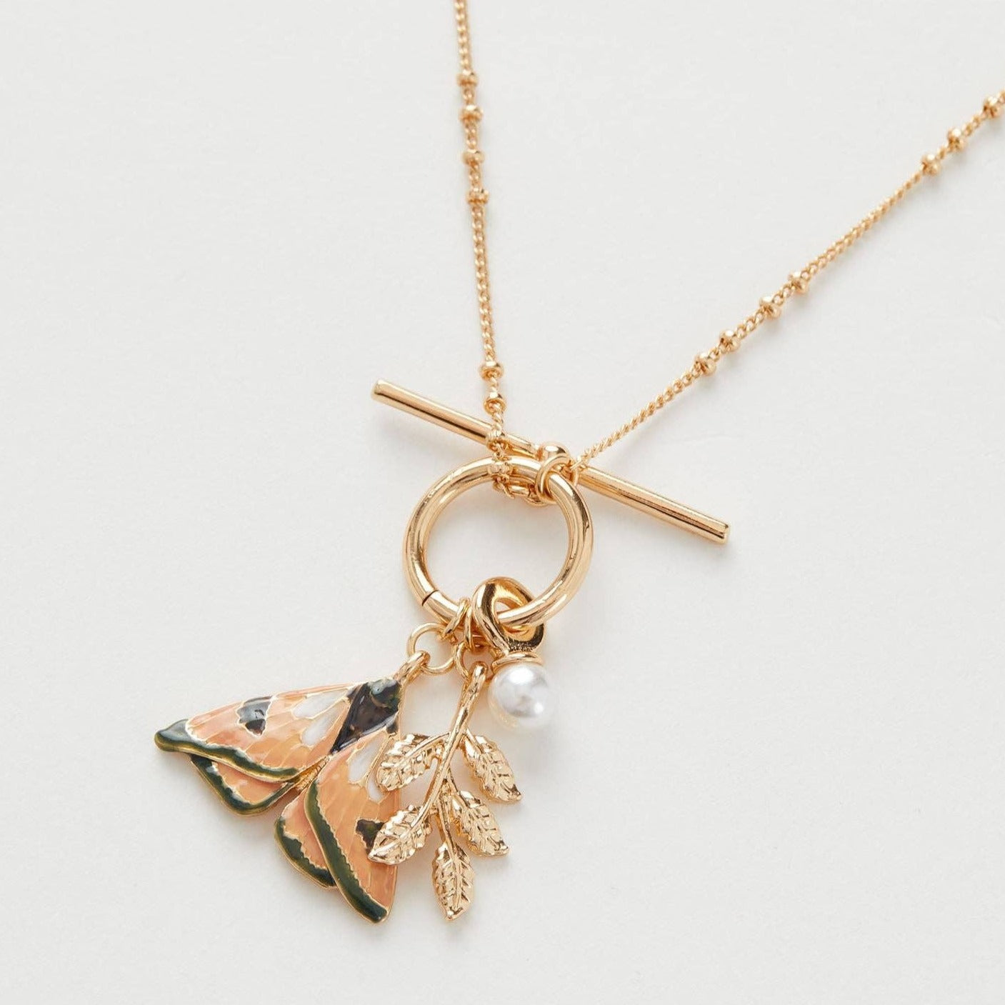 Enamel Moth & Leaf Charm Necklace