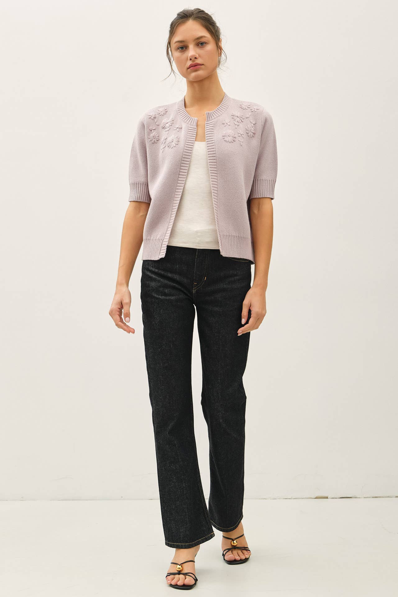 Daisy Embroidered Knit Short Sleeve Cardigan