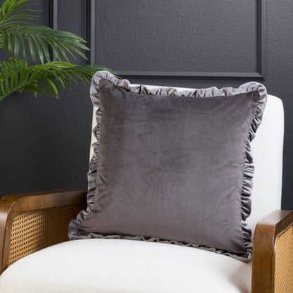 Ruffle Edge Slate Gray Velvet Throw Pillow