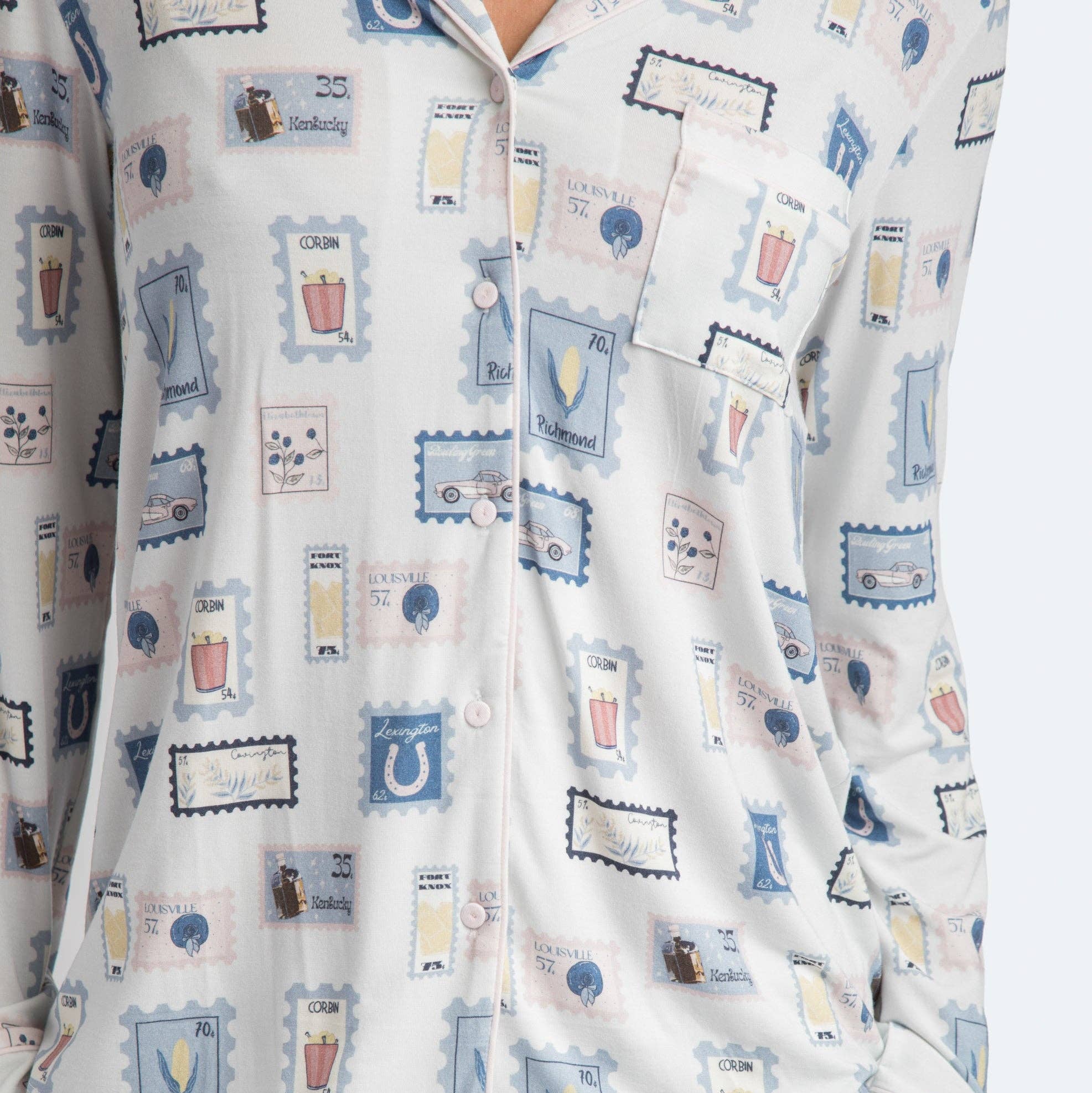 Patterned pajama set with cartoon-like illustrations on a white background