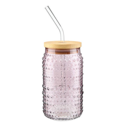 Lilac purple textured glass drink tumbler with a wooden lid on a white background