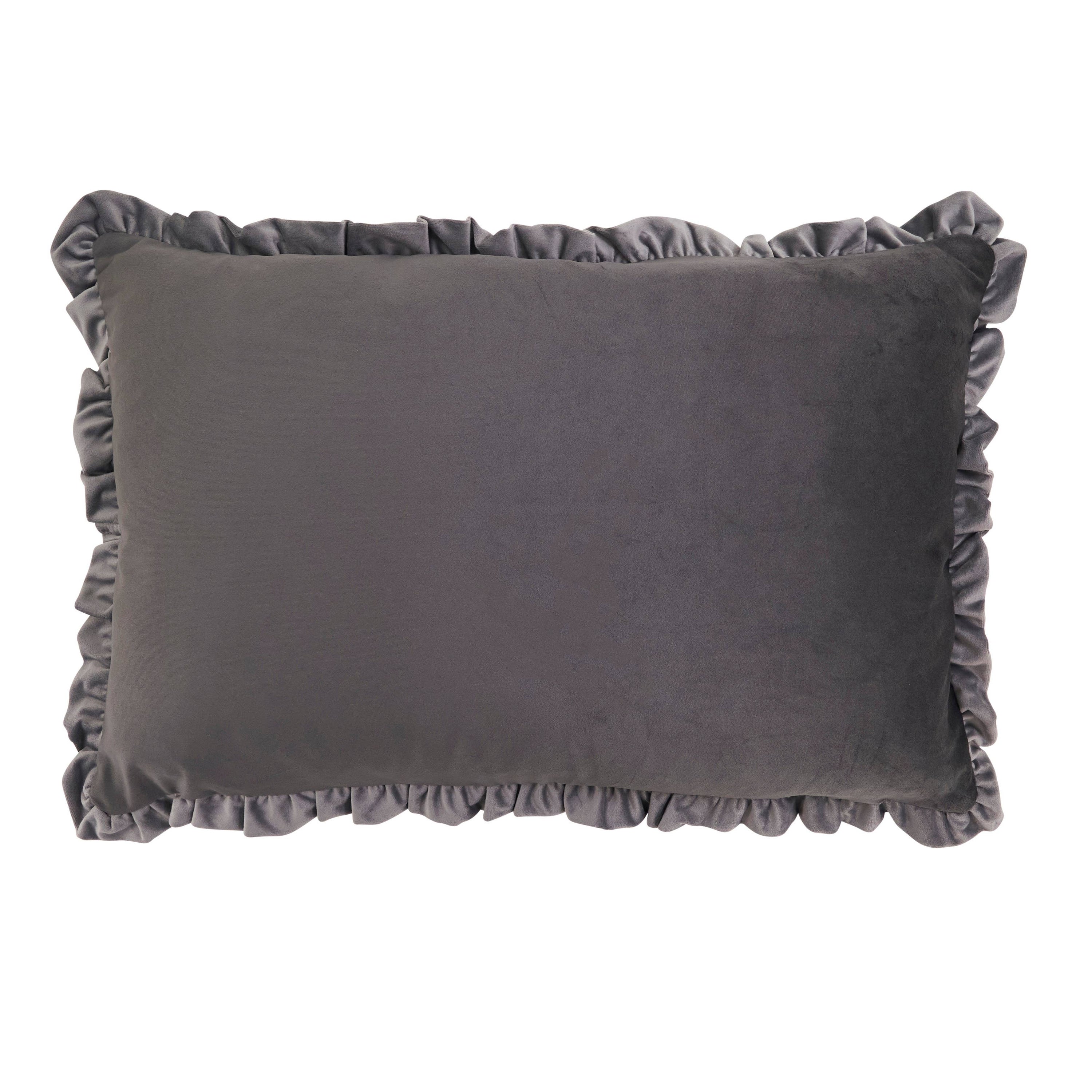 Ruffle Edge Slate Gray Velvet Throw Pillow
