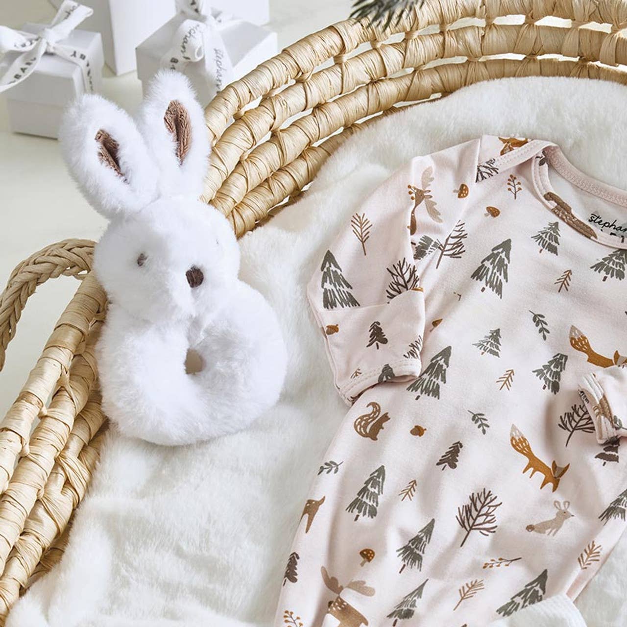Pink Woodland Swaddle with Plush Rattle