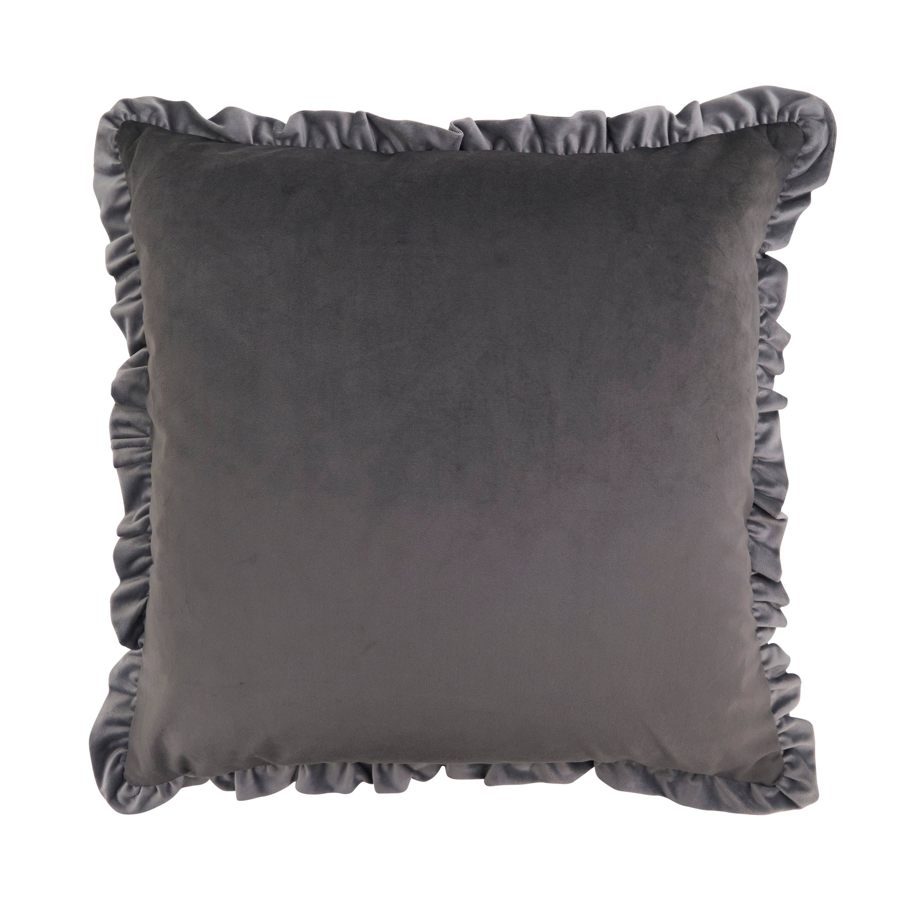 Ruffle Edge Slate Gray Velvet Throw Pillow