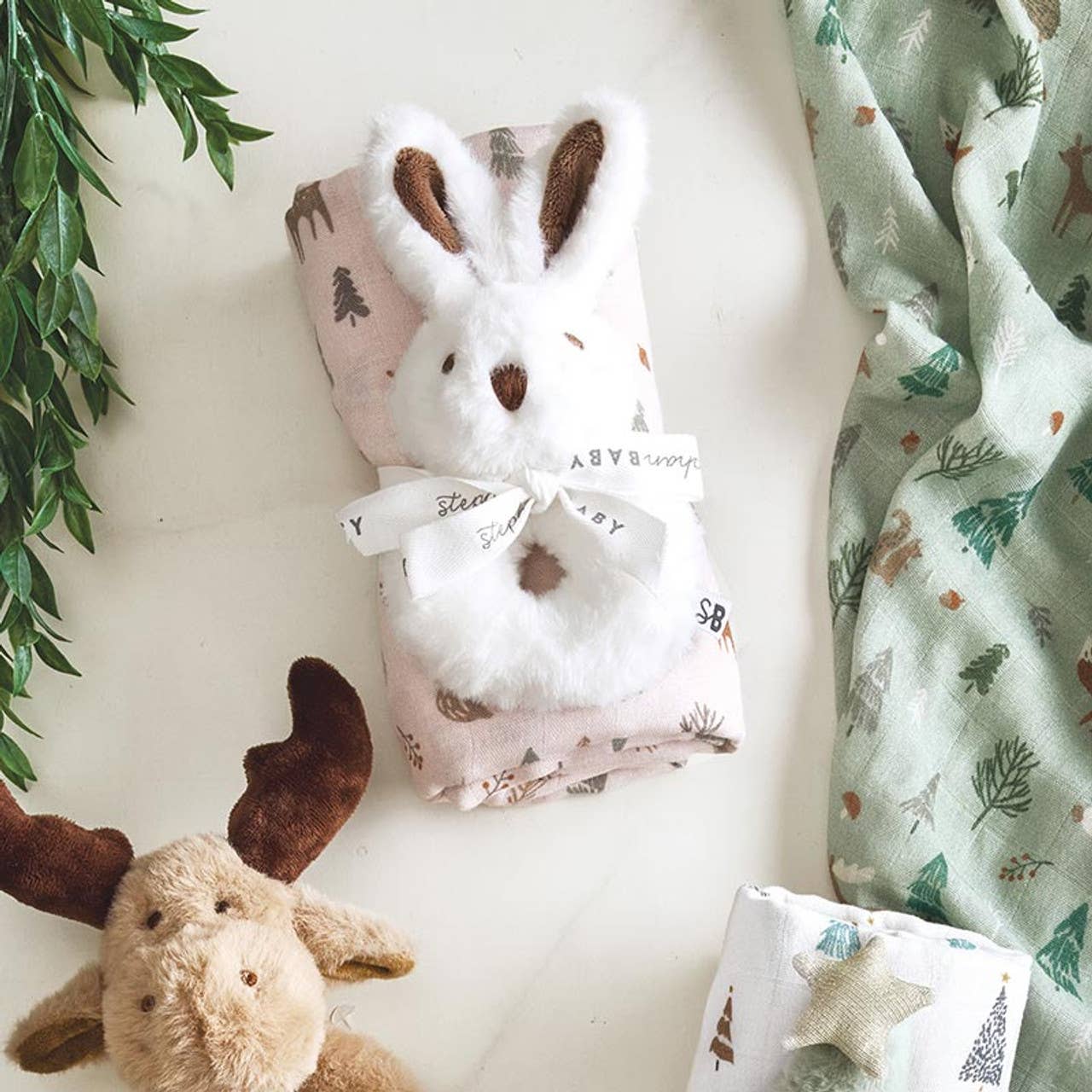 Pink Woodland Swaddle with Plush Rattle