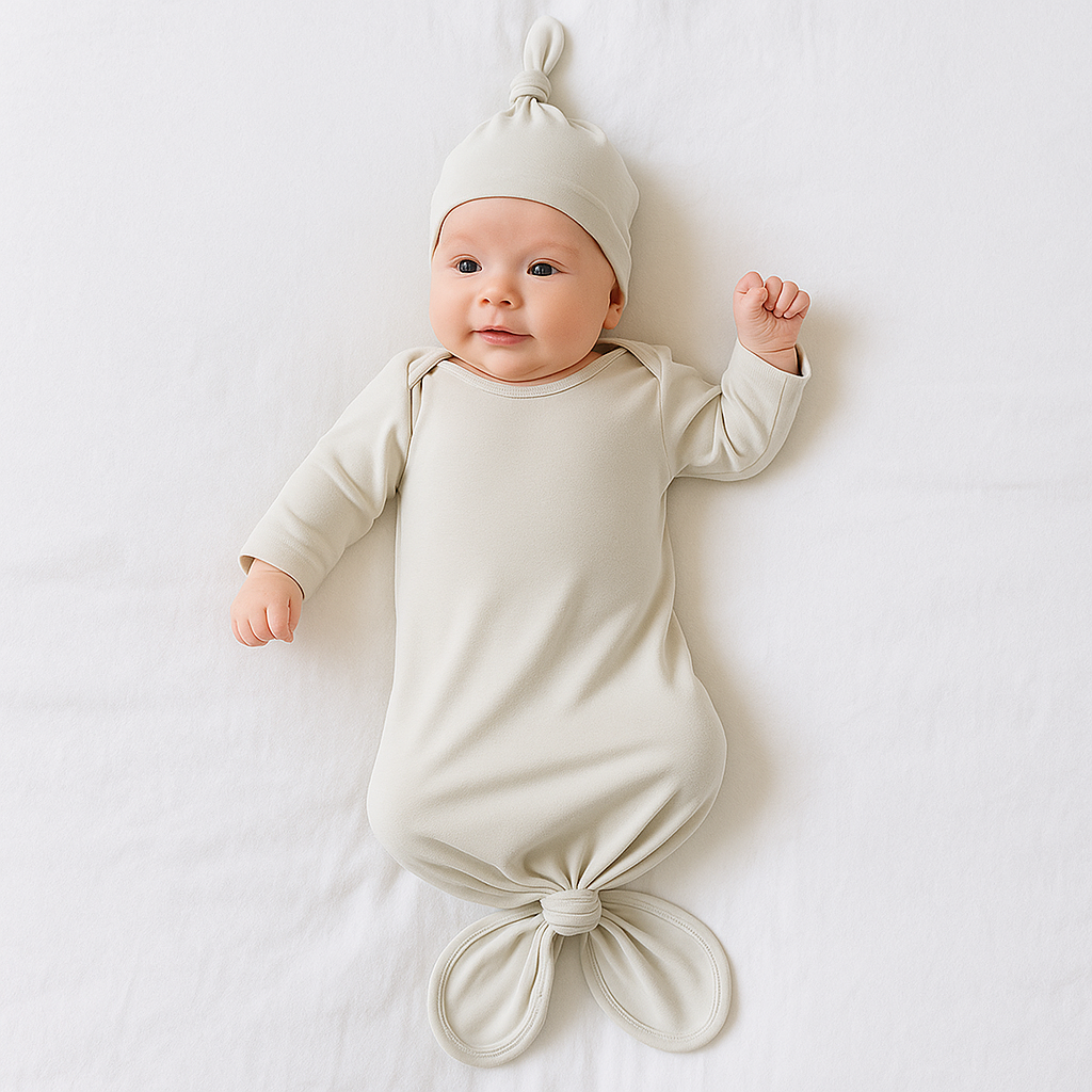 Ivory Bamboo Knotted Baby Gown & Beanie