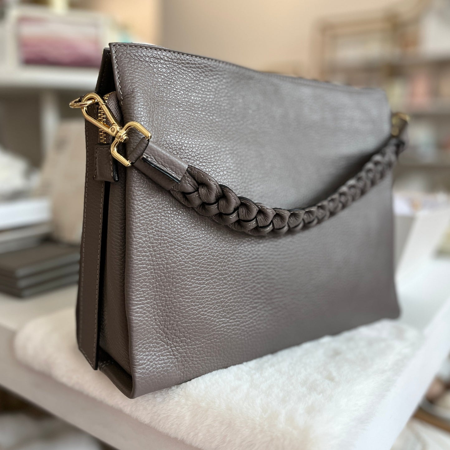 Italian Leather Handbag with Braided Strap