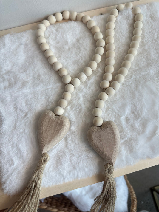Wood Beads & Heart Jute Tassel