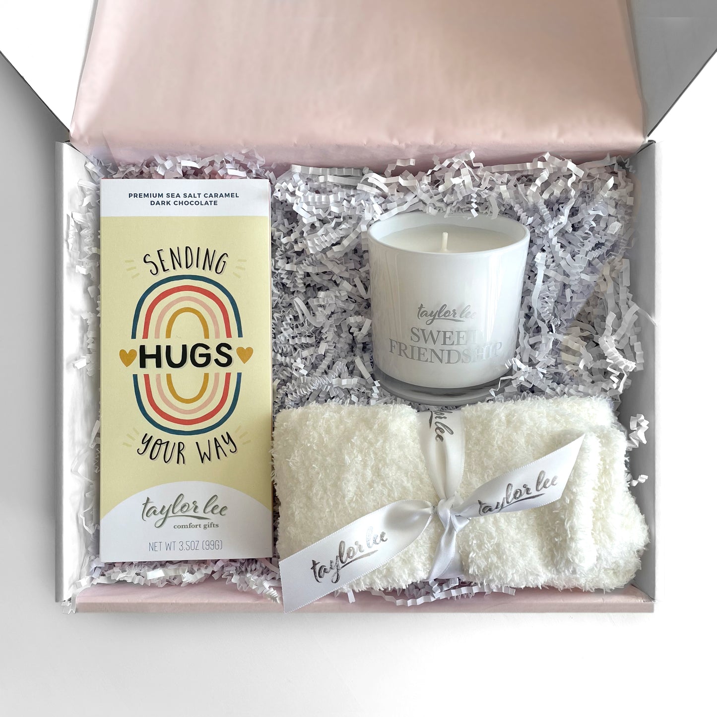 Comforting and encouraging gift box instead of traditional gift basket or flowers for unique sympathy gift sending hugs