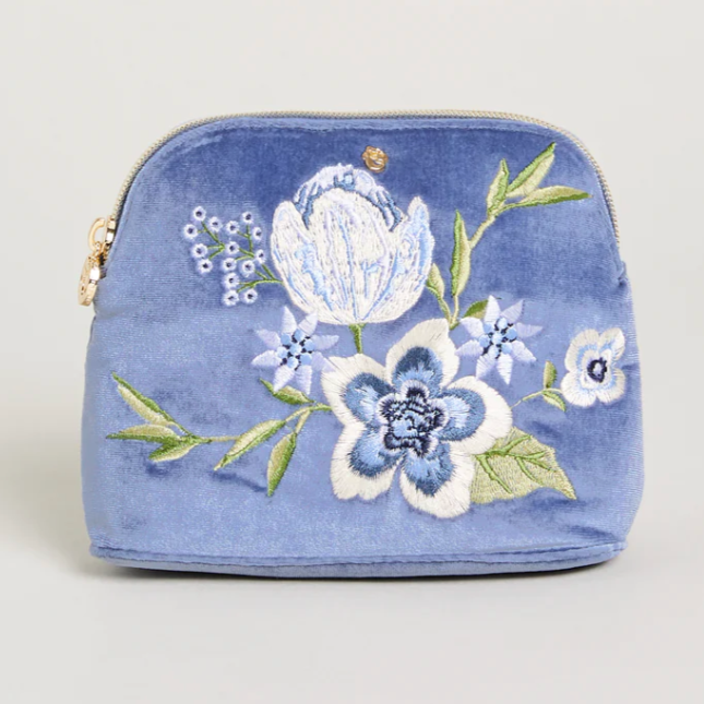 Embroidered Velvet Cosmetic Bag Blue