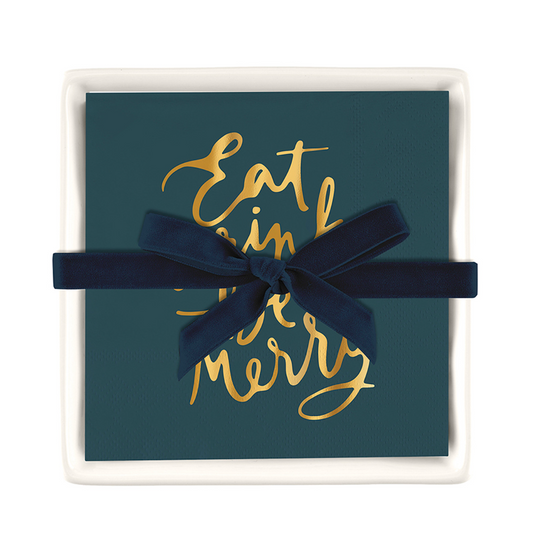 Ceramic Napkin Tray + Napkins - Eat Drink and be Merry
