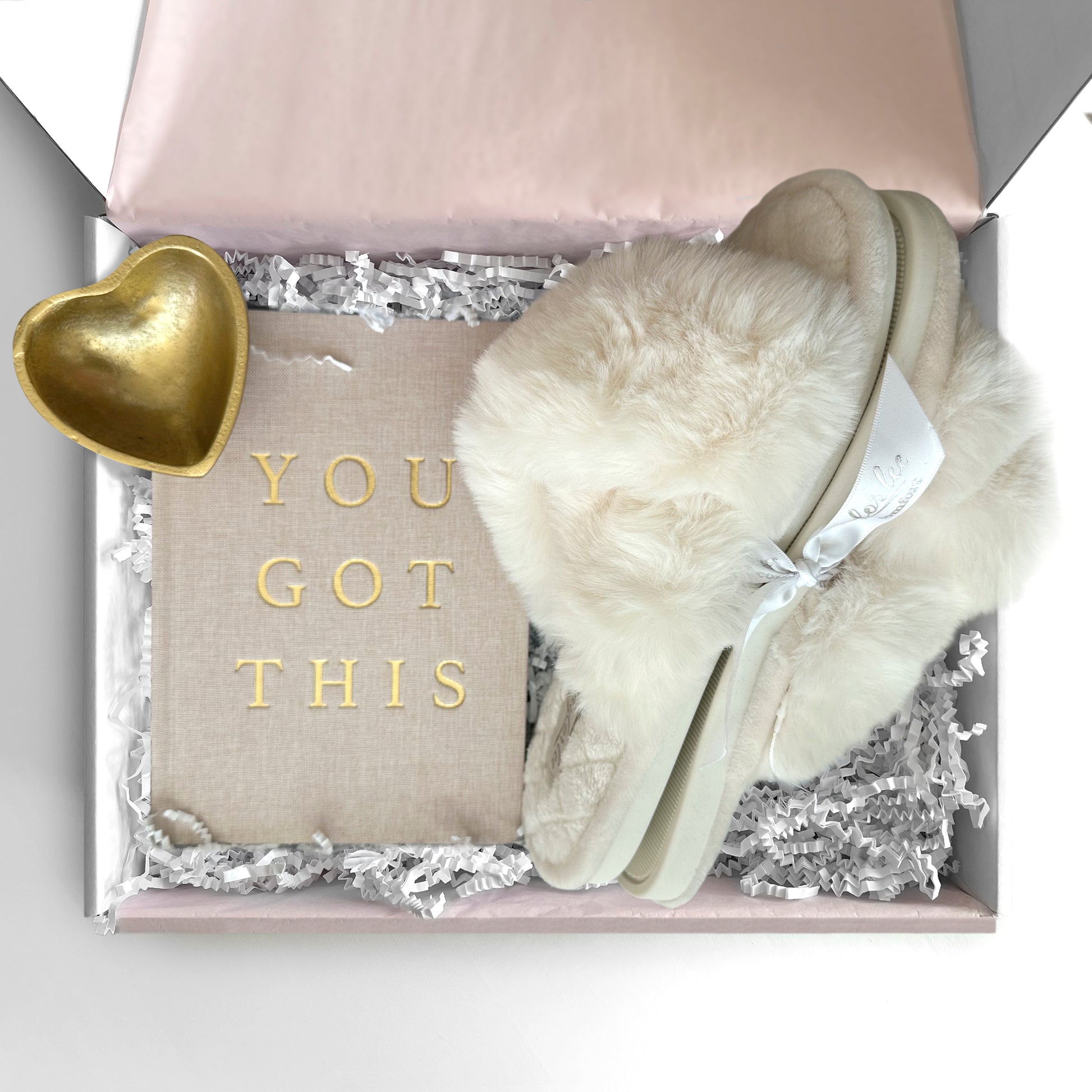 you got this gift box with gold heart and journal with comfortable slippers