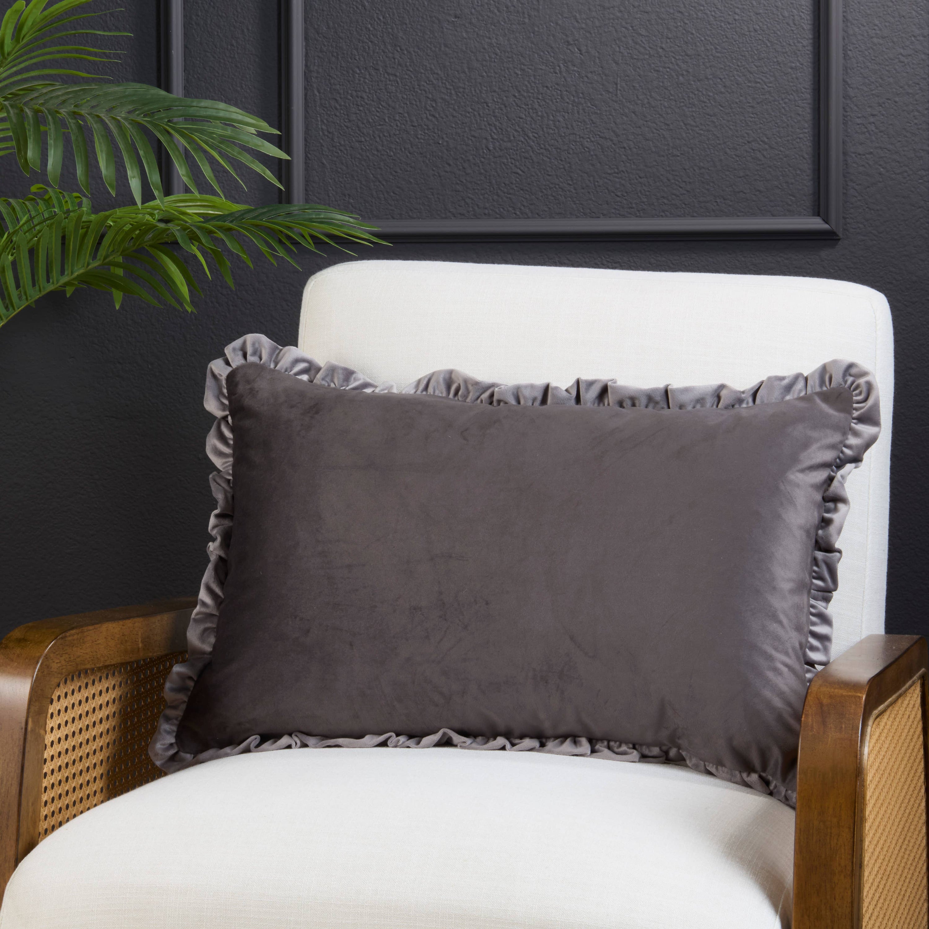 Ruffle Edge Slate Gray Velvet Throw Pillow