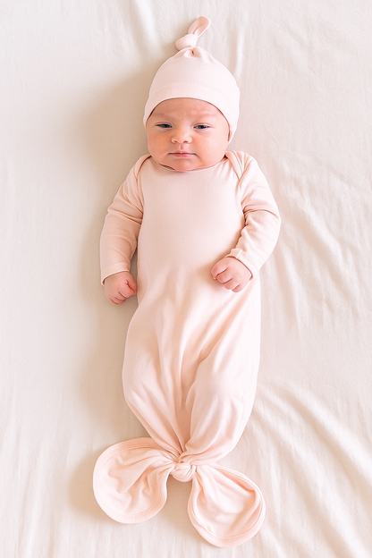 Bamboo Soft Pink Knotted Baby Gown &amp; Beanie