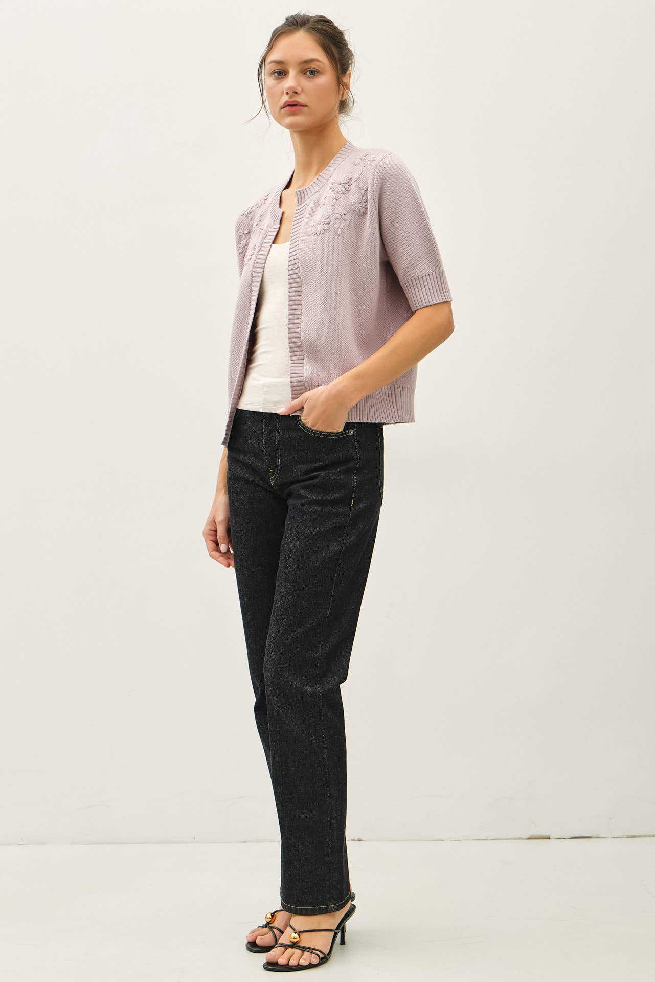 Daisy Embroidered Knit Short Sleeve Cardigan