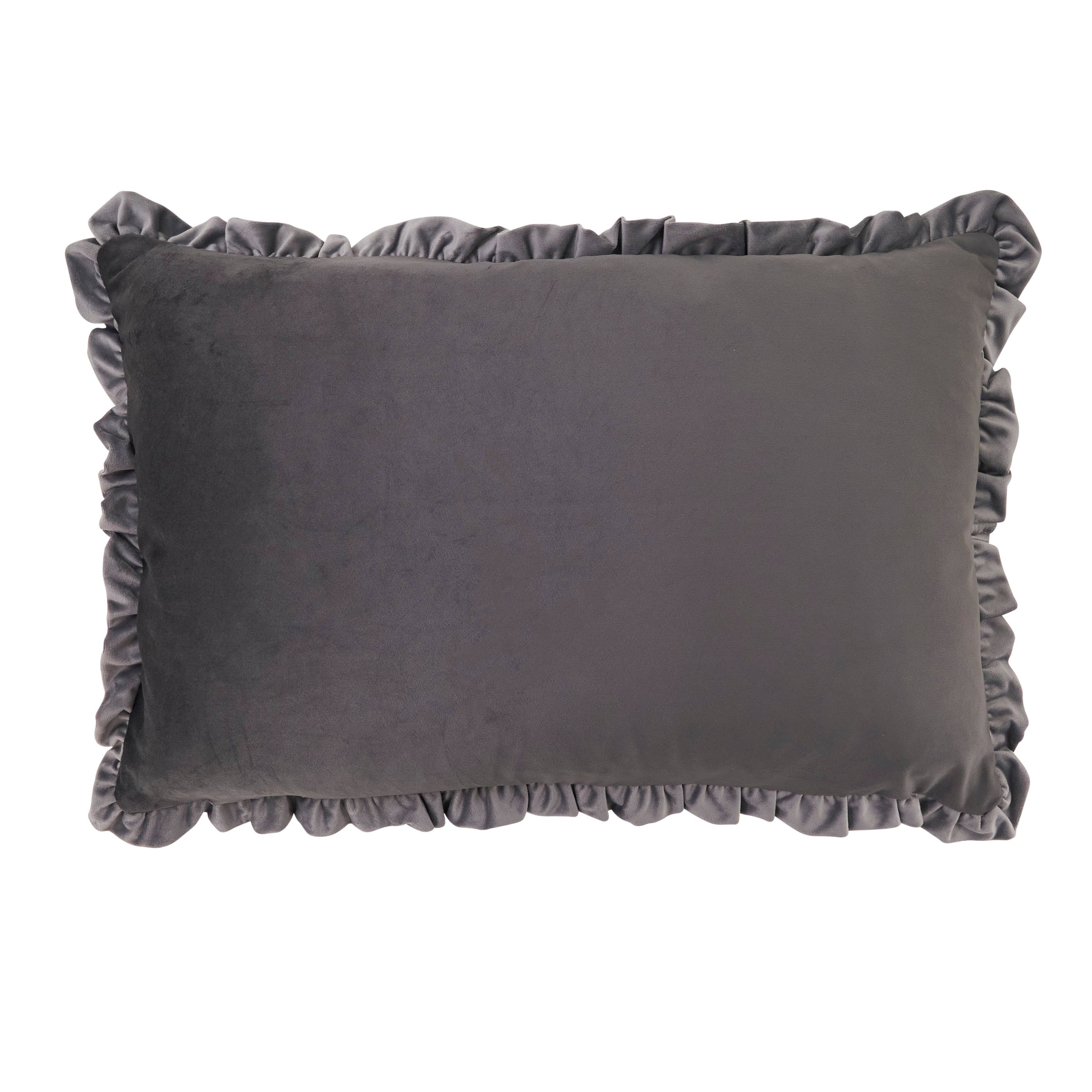 Ruffle Edge Slate Gray Velvet Throw Pillow