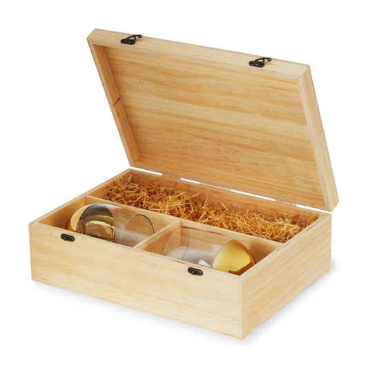 Wood Wine Gift Box w/ 2 Gold-Dipped Stemless Glasses
