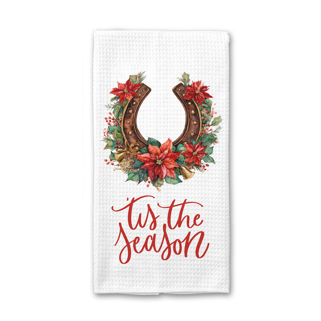 A white waffle-weave kitchen towel featuring a festive graphic with a brown horseshoe wreath decorated with red poinsettias and green leaves, above the red cursive text &