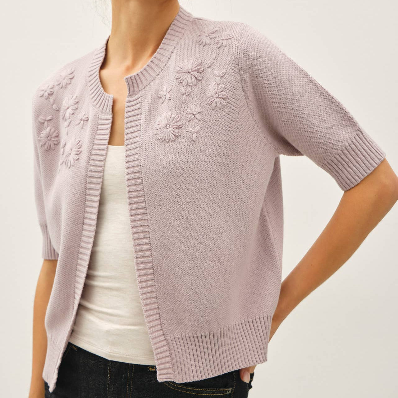 Daisy Embroidered Knit Short Sleeve Cardigan