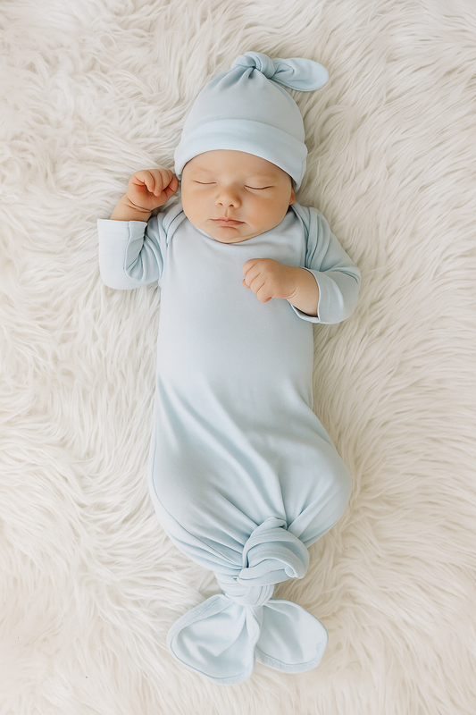 Bamboo Baby Blue Knotted Gown & Beanie