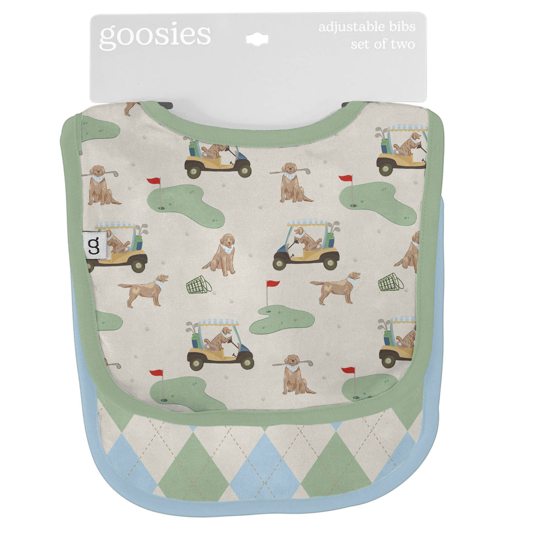 Baby bib with golf-themed design in packaging on a white background