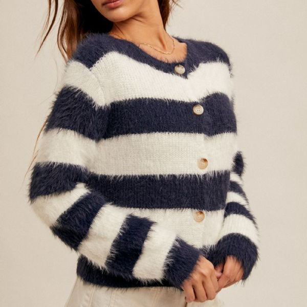 Navy & Ivory Eyelash Yarn Cardigan