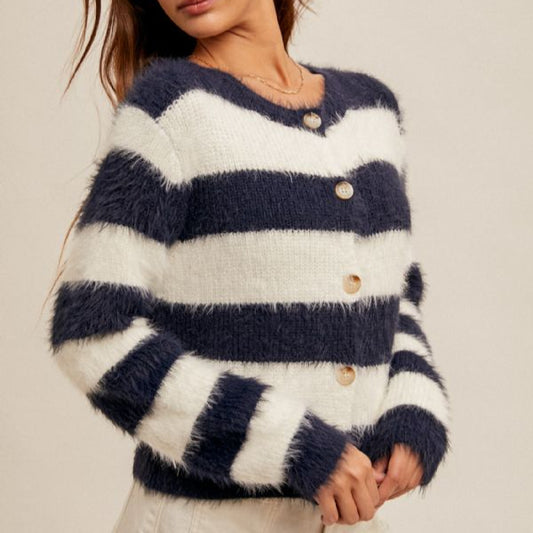 Navy & Ivory Eyelash Yarn Cardigan