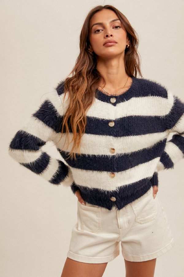 Navy & Ivory Eyelash Yarn Cardigan
