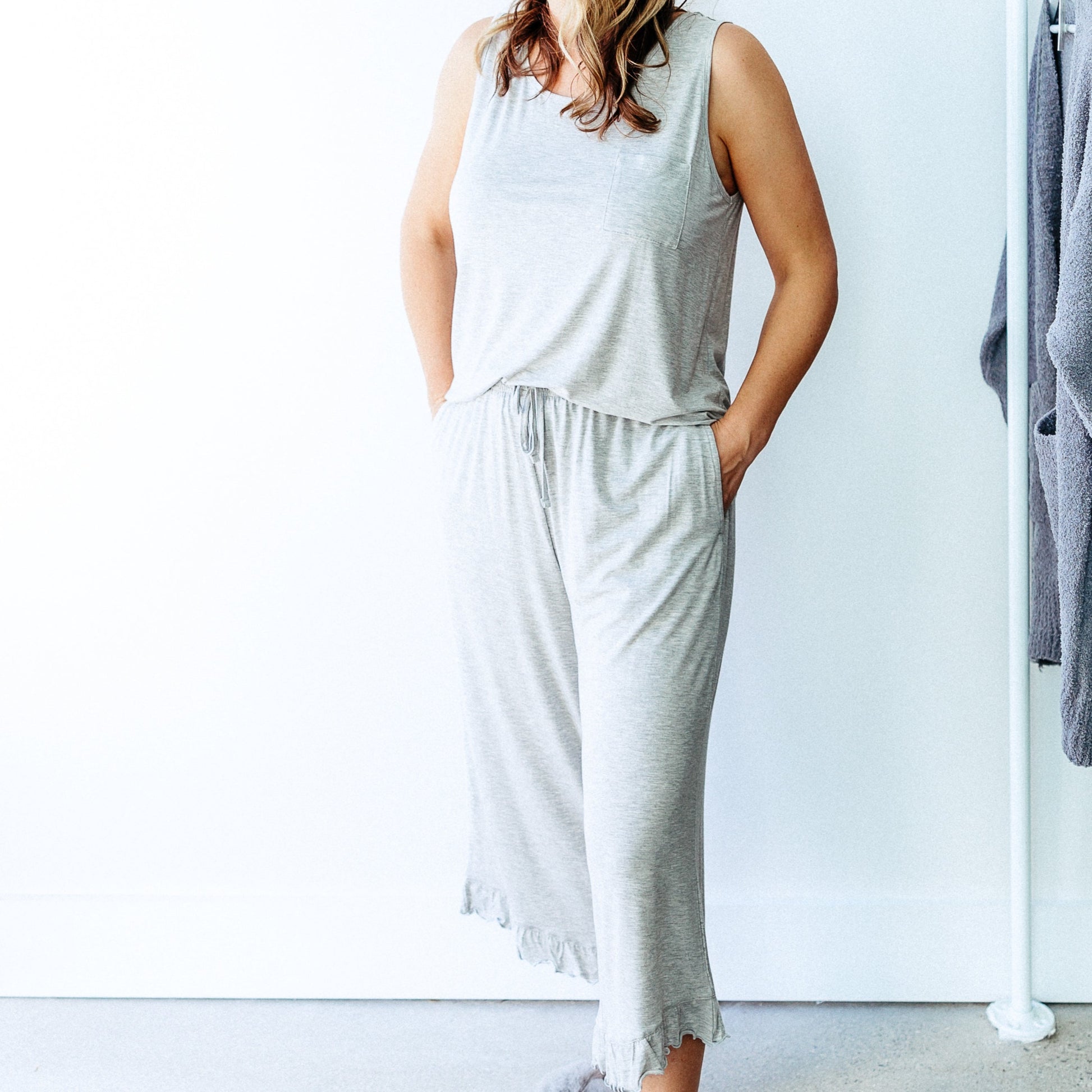 cozy soft and comfortable pajamas and loungewear clothing for women and gifts for sympathy bamboo fabric and sustainable good for planet gray with pretty ruffle detail and comfortable