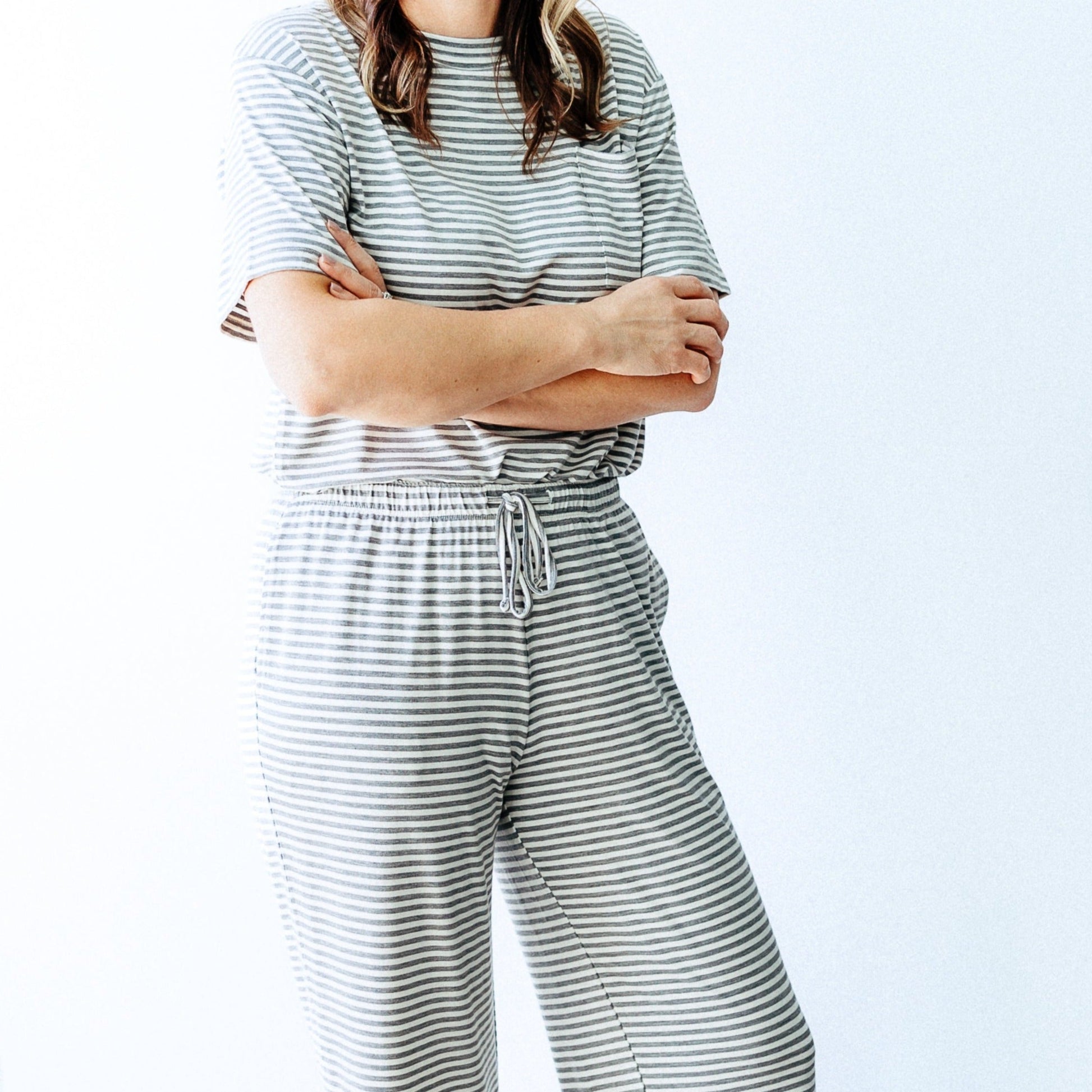 cozy soft and comfortable pajamas and loungewear clothing for women and gifts for sympathy bamboo fabric and sustainable good for planet stripe gray and ivory and comfortable