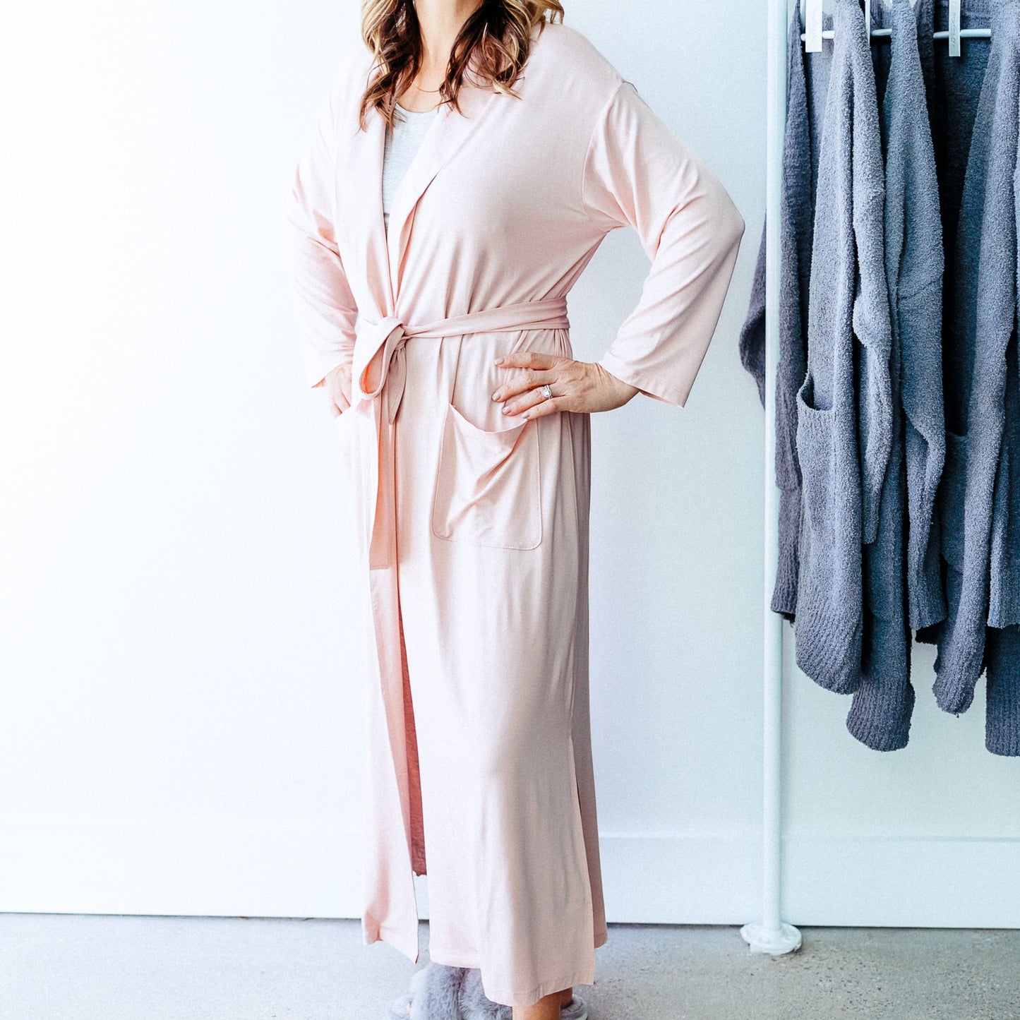 Soft pink breathable bamboo long robe for women comfortable and great gift for mom on mothers day soft silky and easy to care for and wear for ultimate luxury and created by women